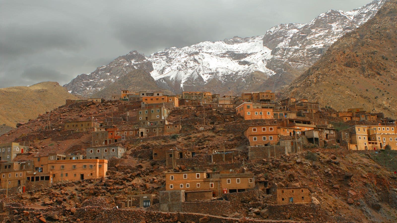An earth-built Berber village on a hillside below the snow-capped High Atlas