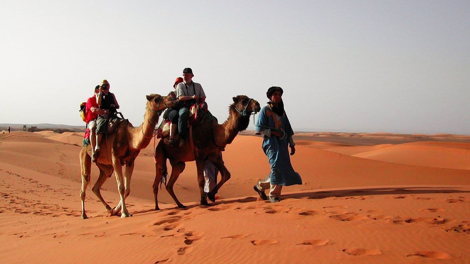 Deux voyageurs à dos de dromadaire menés par un guide dans les dunes orangées de Merzouga