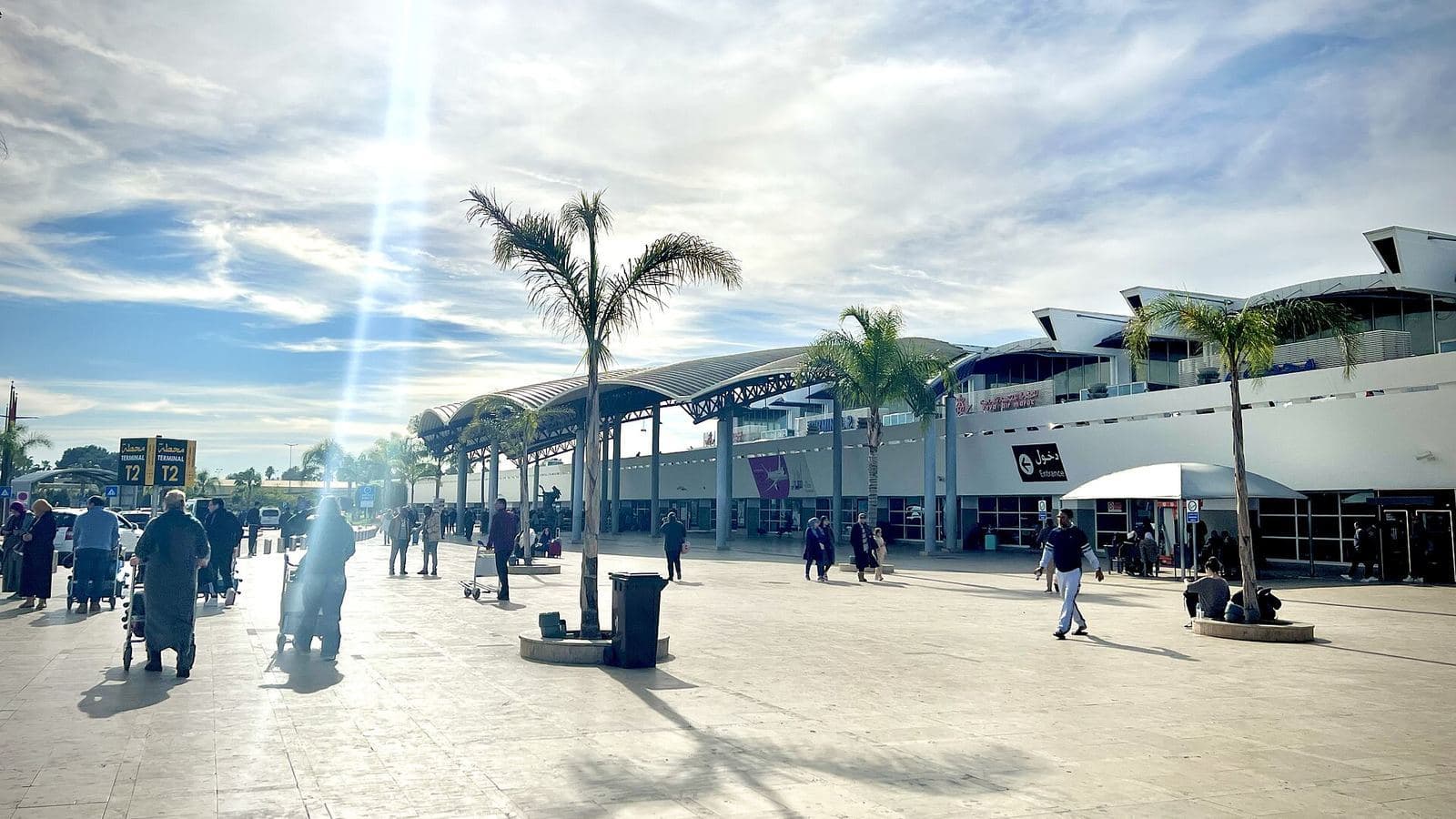 Parvis bordé de palmiers devant le terminal de l'aéroport international Mohammed V de Casablanca