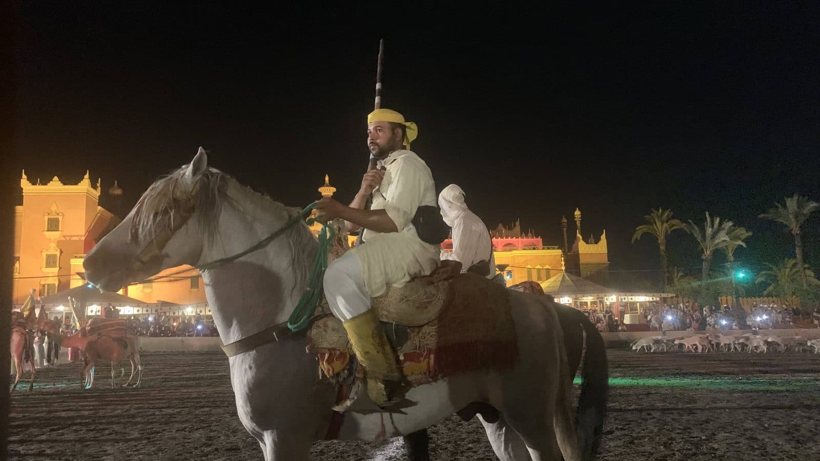 A fantasia rider on a white horse in front of illuminated walls during an evening show in Marrakech
