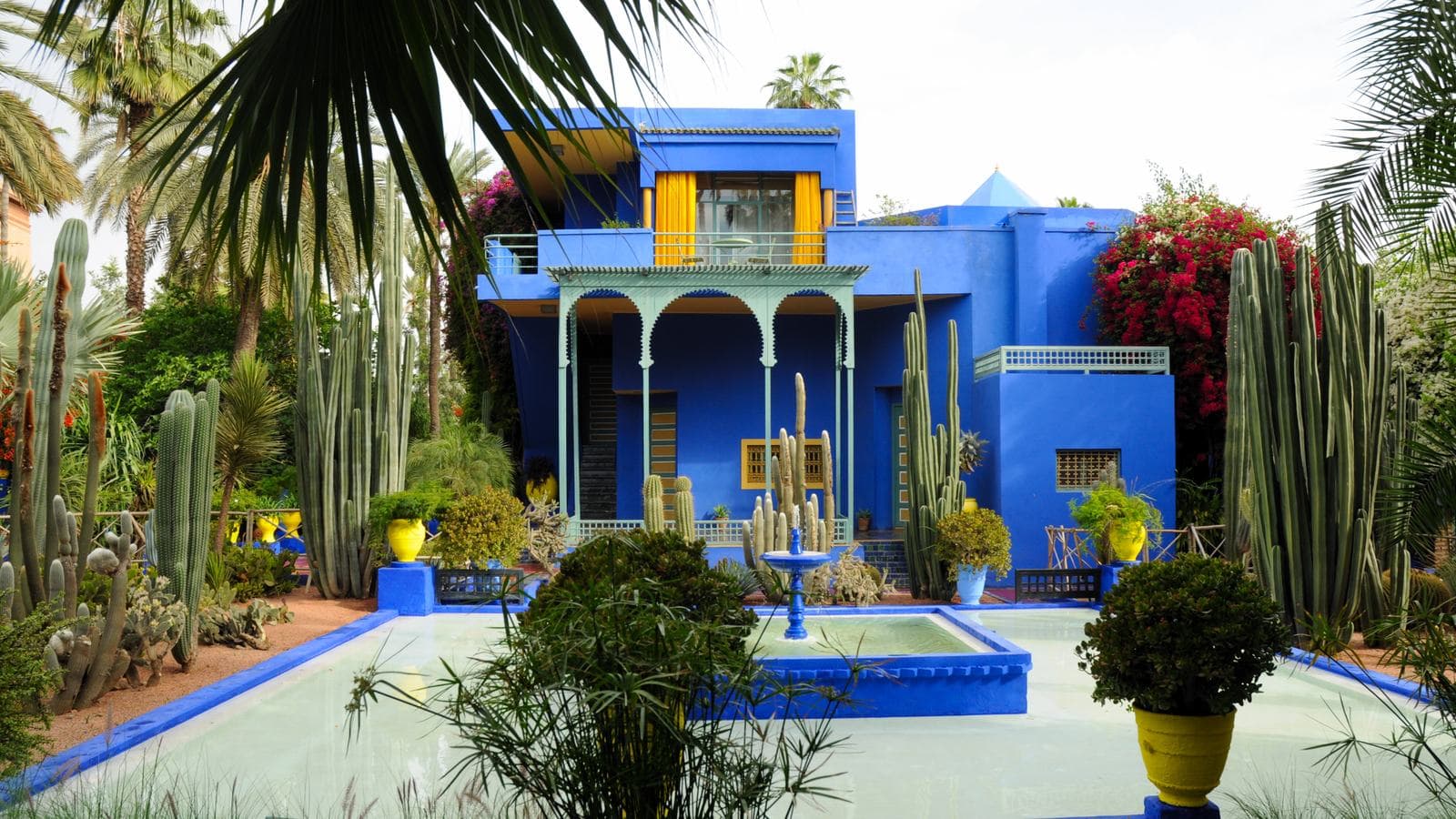 La villa bleu cobalt et le jardin de cactus du jardin Majorelle à Marrakech