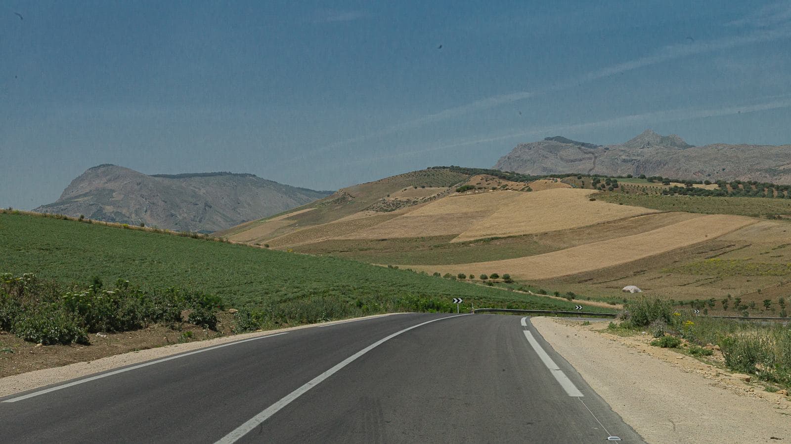 Une route tranquille serpentant entre collines vertes et champs dans la campagne marocaine