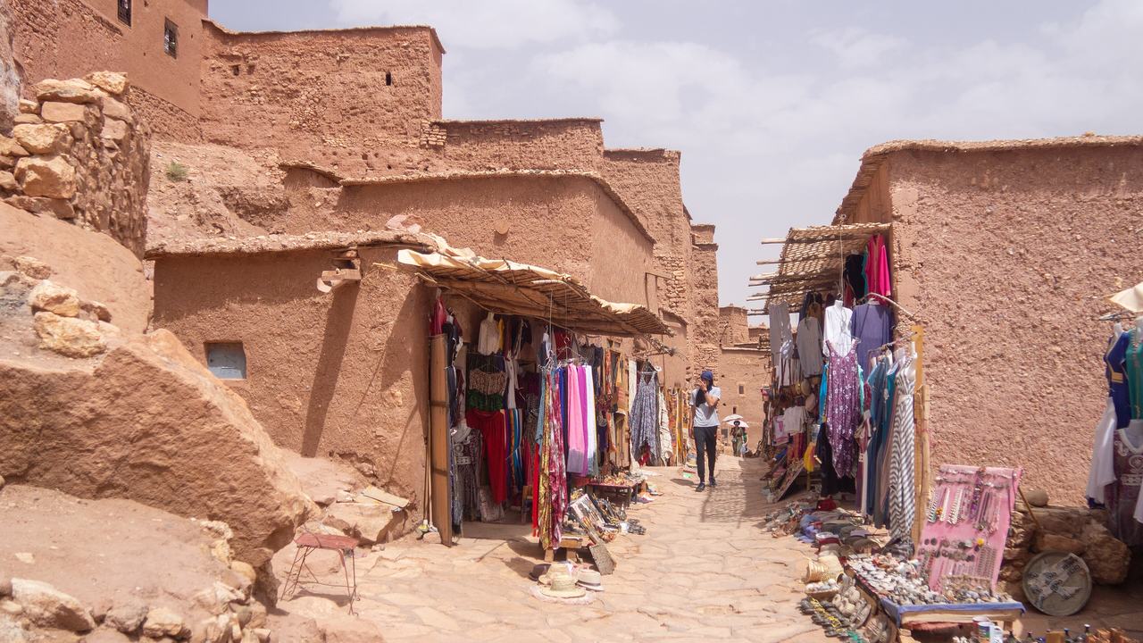 A lane of earthen houses and shops inside the ksar of Aït Benhaddou
