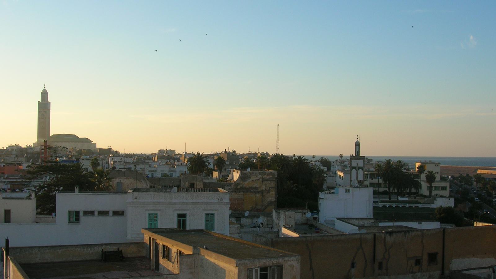 Vue sur les toits de Casablanca avec le minaret de la mosquée Hassan II à l'horizon