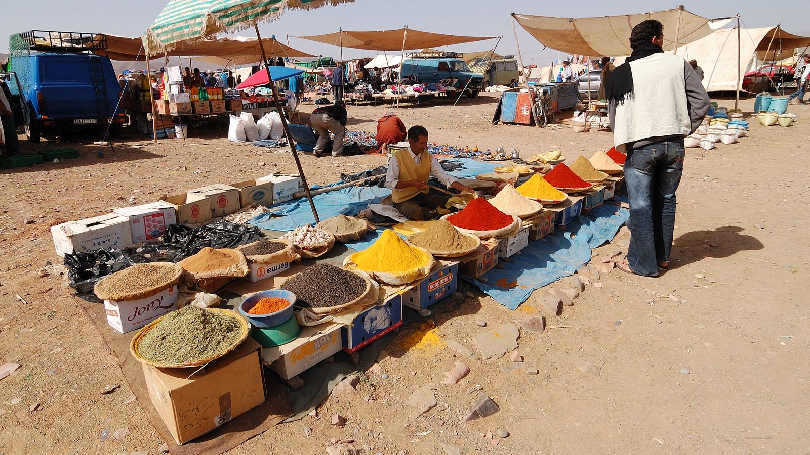 Colourful spice stall at a weekly market in the Draa valley