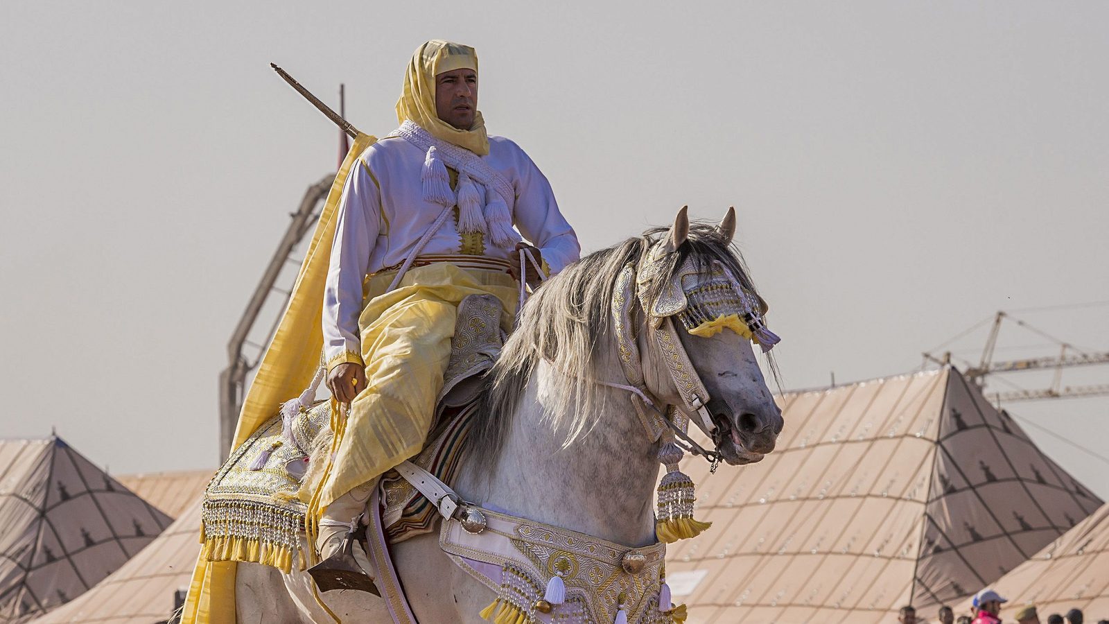A tbourida rider in a yellow turban and robe on a white horse with an embroidered saddle