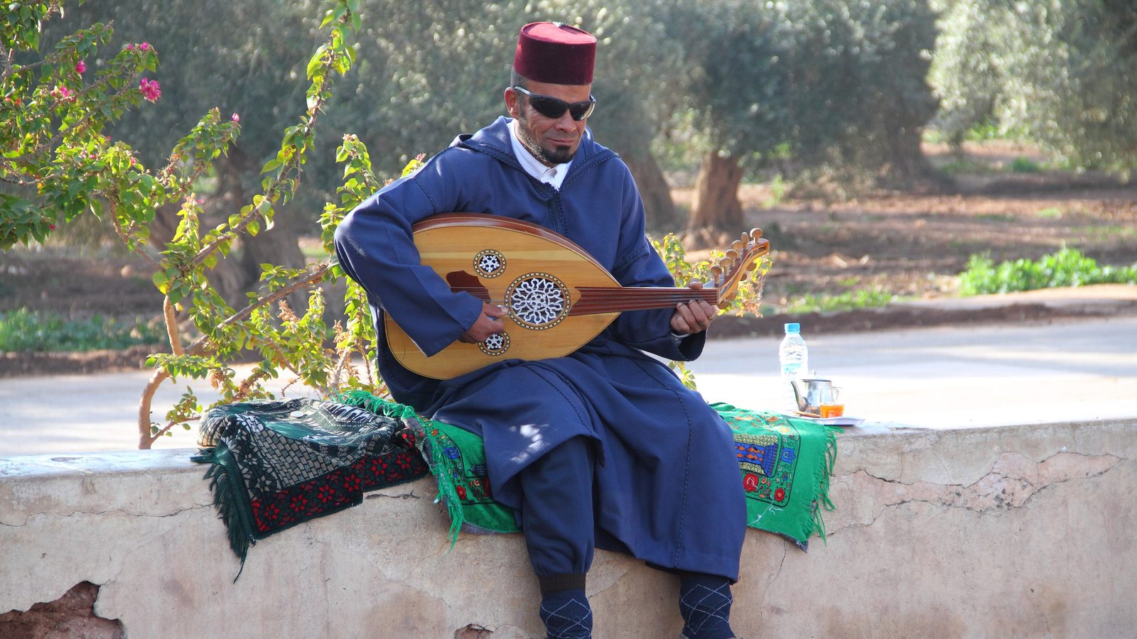 Joueur d'oud assis sur un muret dans un jardin