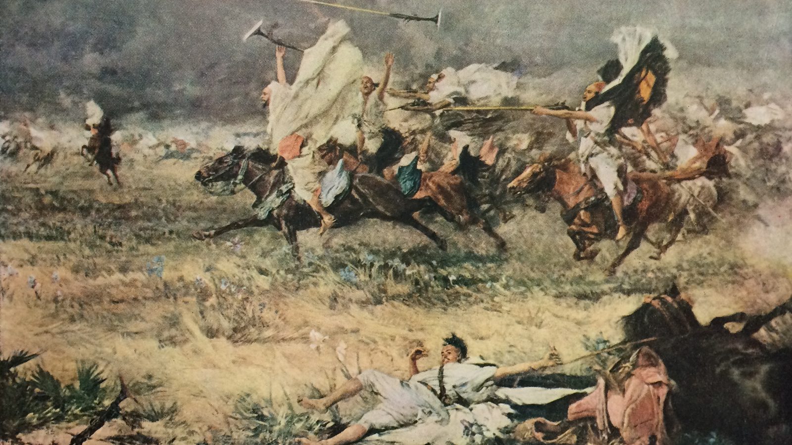 A 19th-century painting of a fantasia: Moroccan horsemen charging across a plain with raised rifles